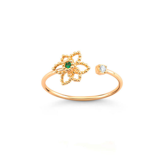 Aliança Flor Bolinha com esmeralda 18k
