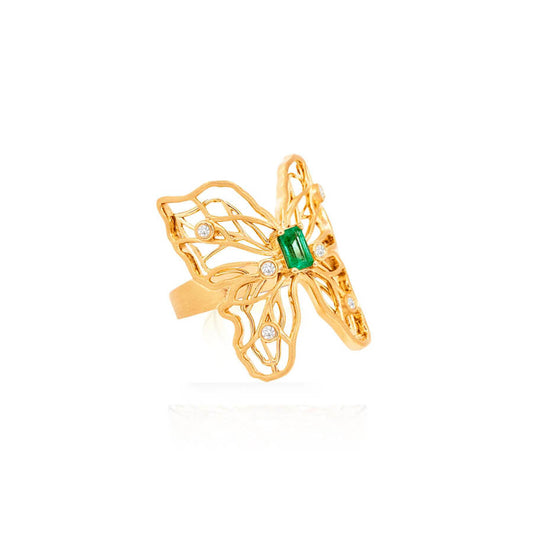 Anel Borboleta Esmeralda 18k