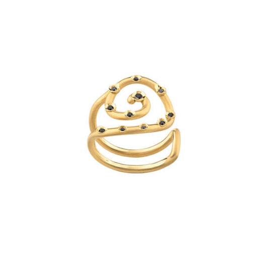 Anel Espiral Dourado com Brilhantes Negros 18k