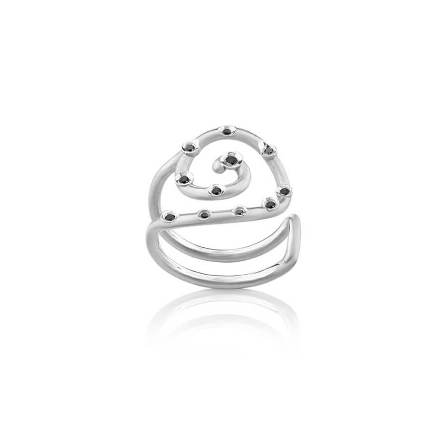 Anel Espiral Dourado com Brilhantes Negros 18k