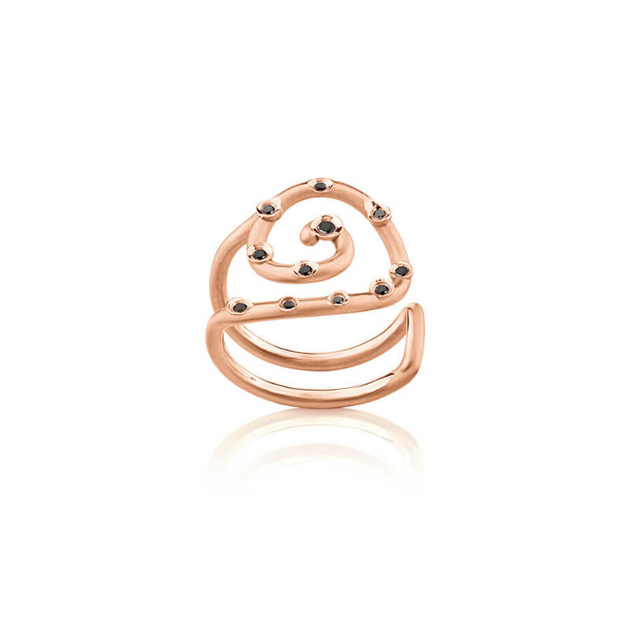 Anel Espiral Dourado com Brilhantes Negros 18k