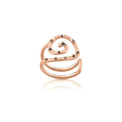 Anel Espiral Dourado com Brilhantes Negros 18k