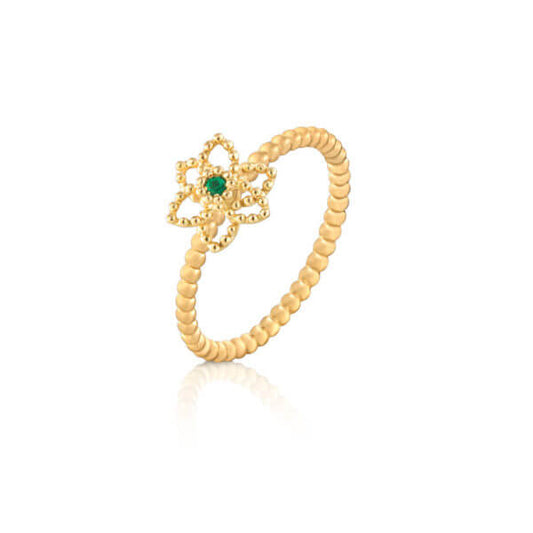 Anel Flor Bolinha Esmeralda 18k