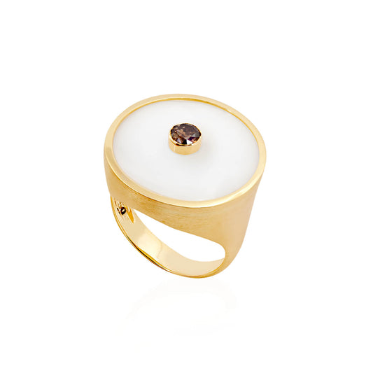 Anel Quartzo Branco com Diamante Chocolate 18k