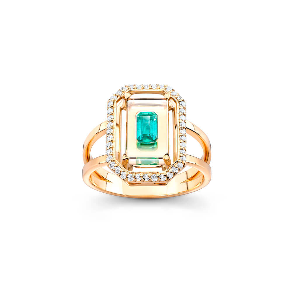 Anel Retangular Cristal com Esmeralda e Brilhantes 18k