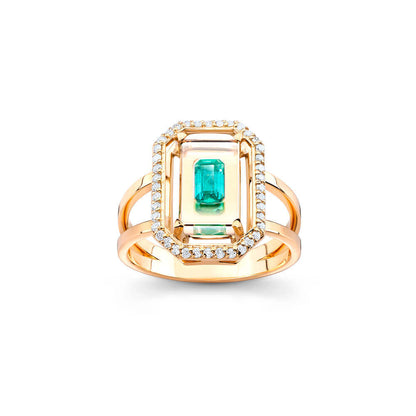 Anel Retangular Cristal com Esmeralda e Brilhantes 18k