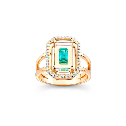 Anel Retangular Cristal com Esmeralda e Brilhantes 18k