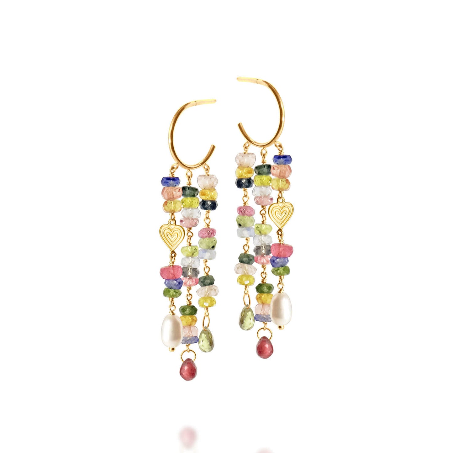 Brinco Argola 3 Fios Safiras Coloridas 18k