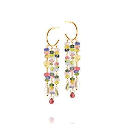 Brinco Argola 3 Fios Safiras Coloridas 18k