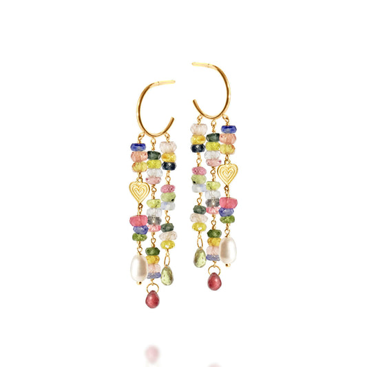 Brinco Argola 3 Fios Safiras Coloridas 18k