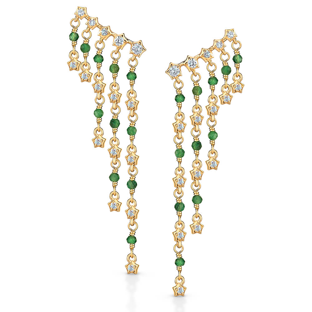Brinco Cascata Estrelas Brilhante e Esmeralda 18k