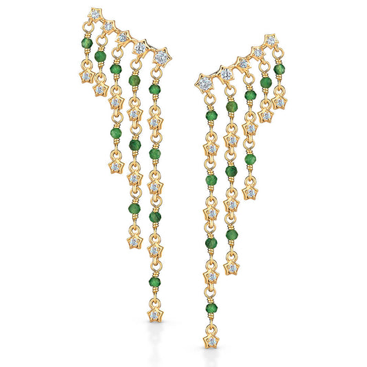 Brinco Cascata Estrelas Brilhante e Esmeralda 18k