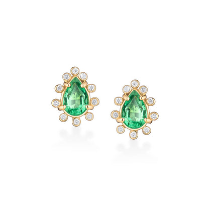Brinco Espeto Esmeralda Gota com Brilhantes 18k