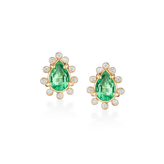 Brinco Espeto Esmeralda Gota com Brilhantes 18k