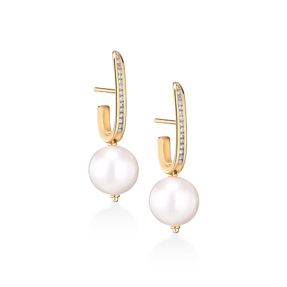 Brinco Meia Argola Gota Pérola e Brilhantes 18k