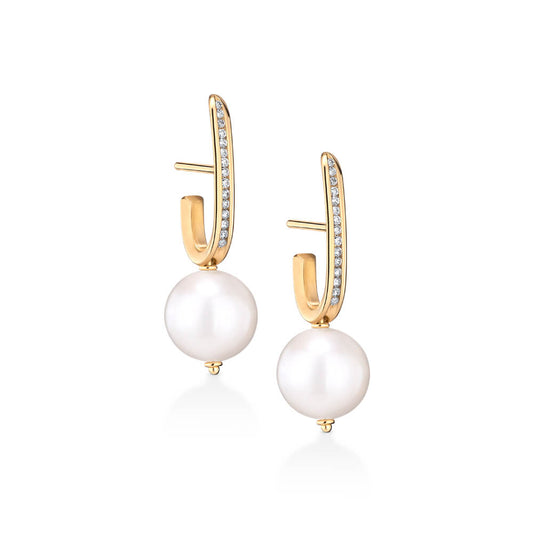 Brinco Meia Argola Gota Pérola e Brilhantes 18k