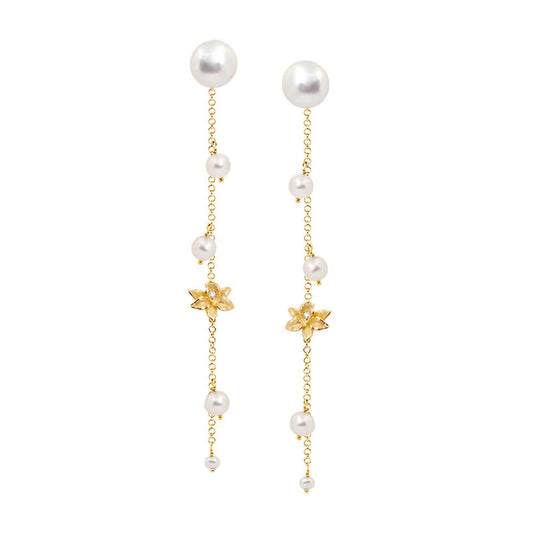 Brinco Orquídeas com Pérolas Longo18k