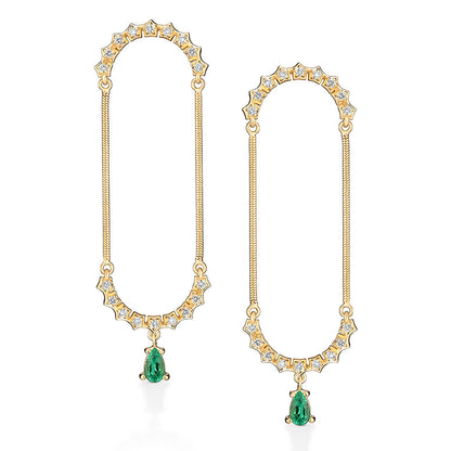 Brinco Oval Longo Esmeralda Gota e Brilhantes 18k