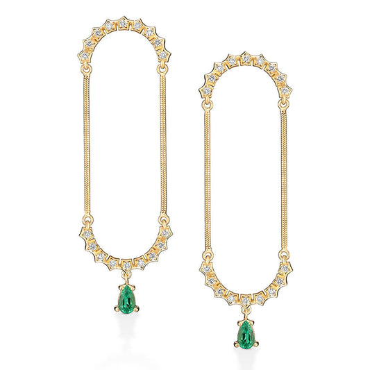 Brinco Oval Longo Esmeralda Gota e Brilhantes 18k