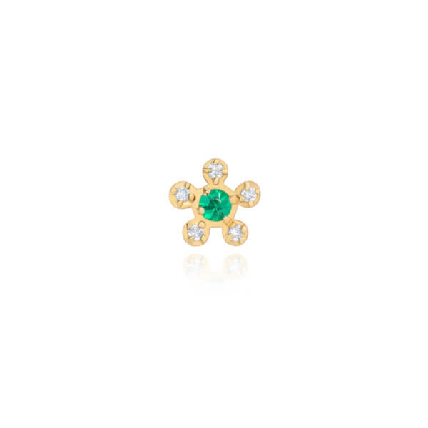 Brinco Piercing Flor Mini Miolo Esmeralda 18k