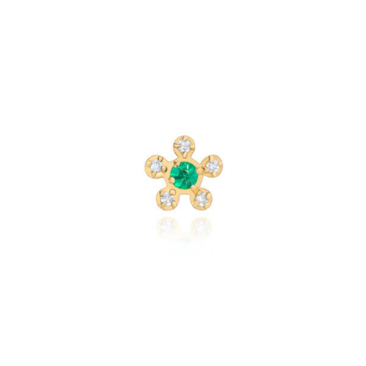 Brinco Piercing Flor Mini Miolo Esmeralda 18k