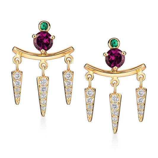 Brinco Spike Trio Esmeralda e Rodolita com Brilhantes 18k