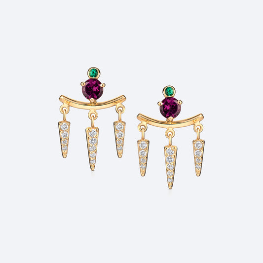 Brinco Spike Trio Esmeralda e Rodolita com Brilhantes 18k