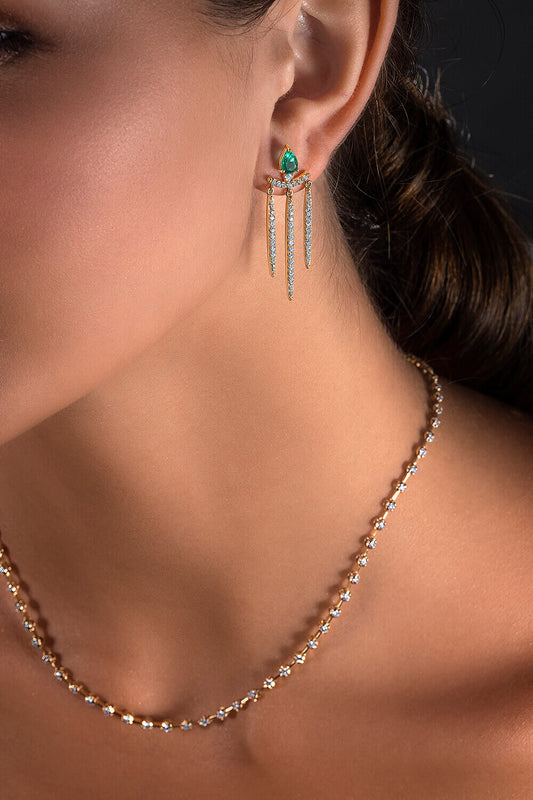 Brinco Spikes Longos Esmeralda 18k