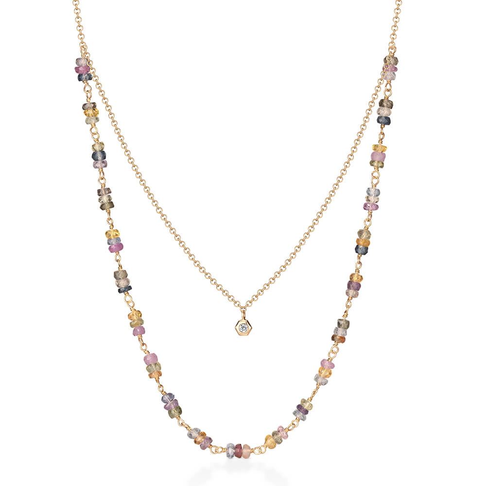 Colar Duplo Elinhos Safiras Coloridas 18k