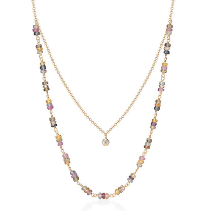 Colar Duplo Elinhos Safiras Coloridas 18k