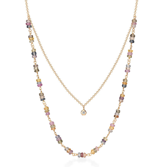 Colar Duplo Elinhos Safiras Coloridas 18k