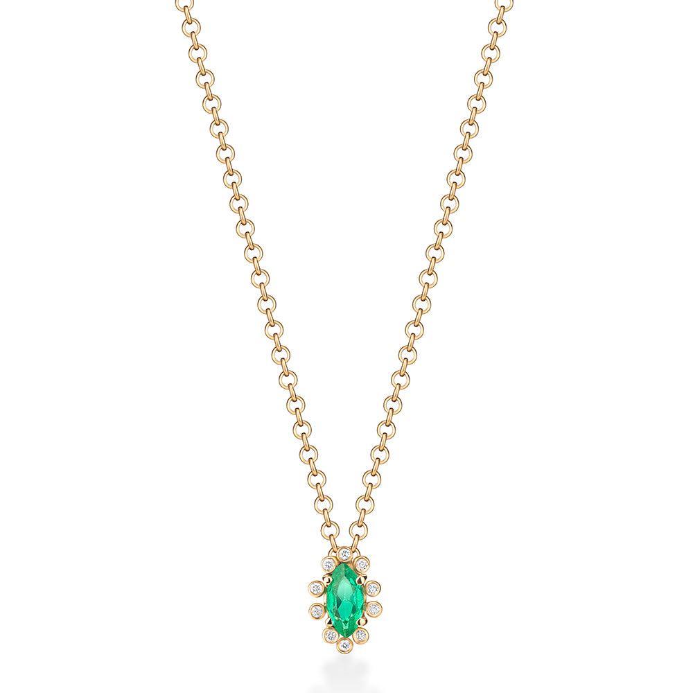 Colar Esmeralda Navete com Brilhantes 18k