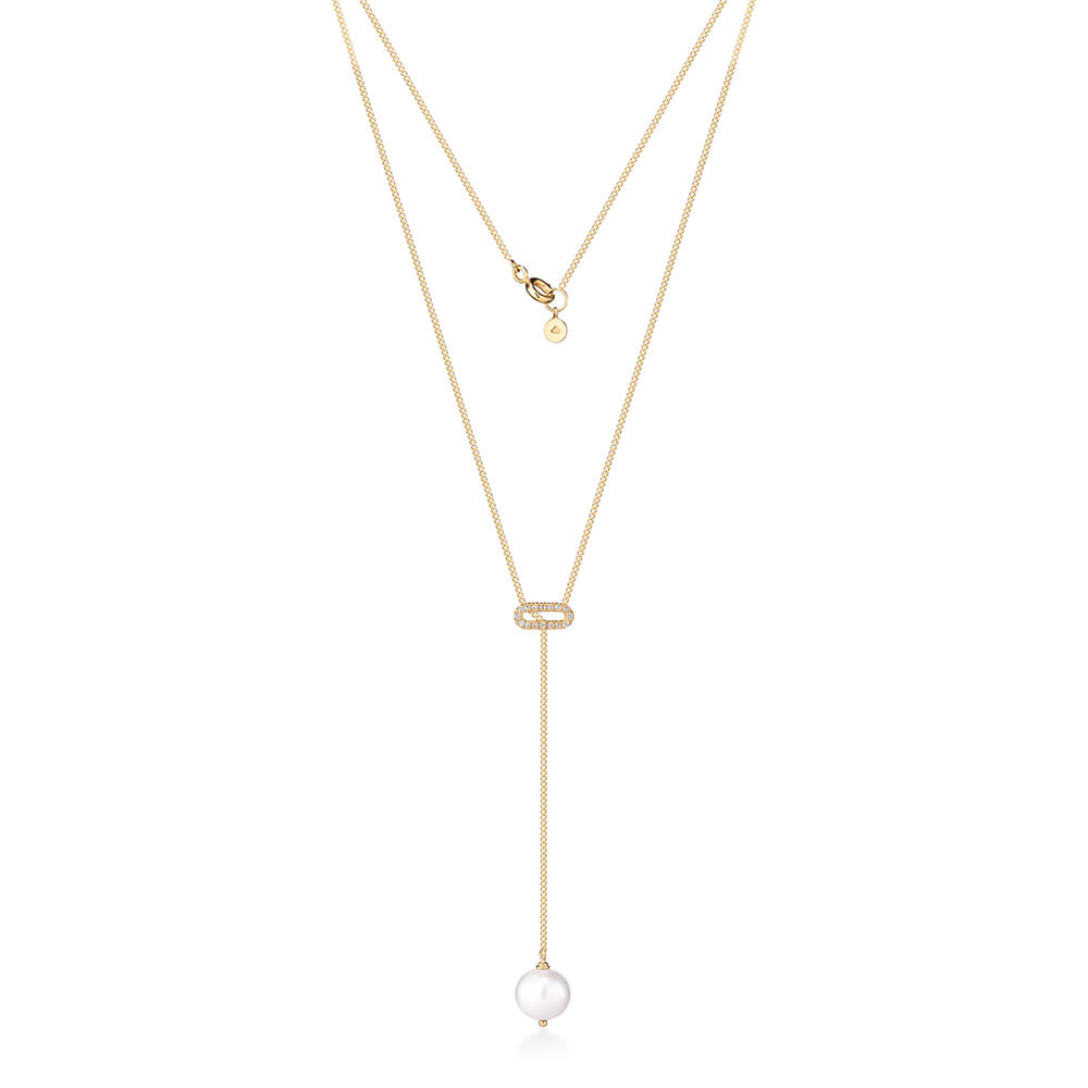 Colar Gravata Elo Brilhante e Pérola 18k