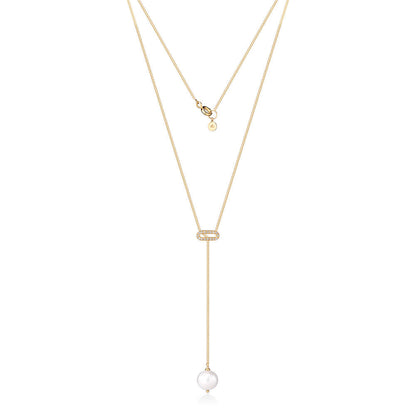 Colar Gravata Elo Brilhante e Pérola 18k