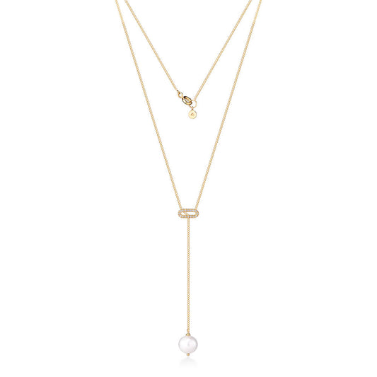 Colar Gravata Elo Brilhante e Pérola 18k
