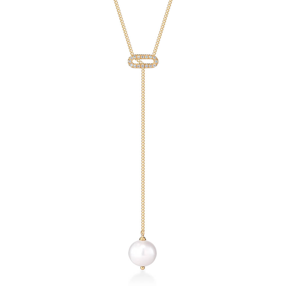 Colar Gravata Elo Brilhante e Pérola 18k