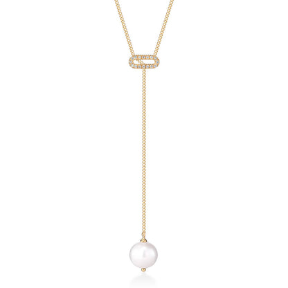 Colar Gravata Elo Brilhante e Pérola 18k