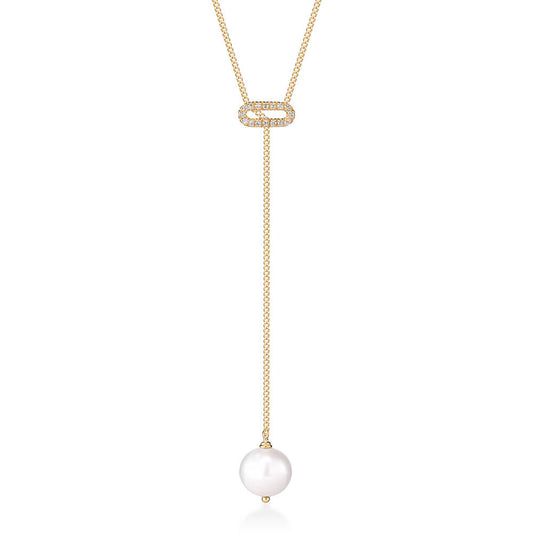 Colar Gravata Elo Brilhante e Pérola 18k