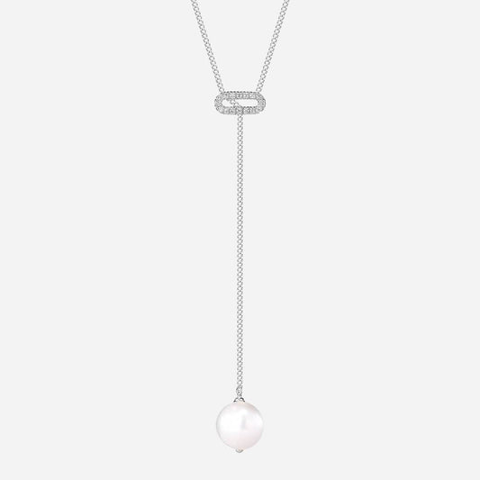 Colar Gravata Elo Brilhante e Pérola 18k