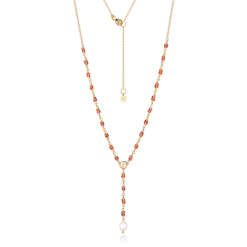 Colar Gravata Safira Laranja Coração e Pérola 18k