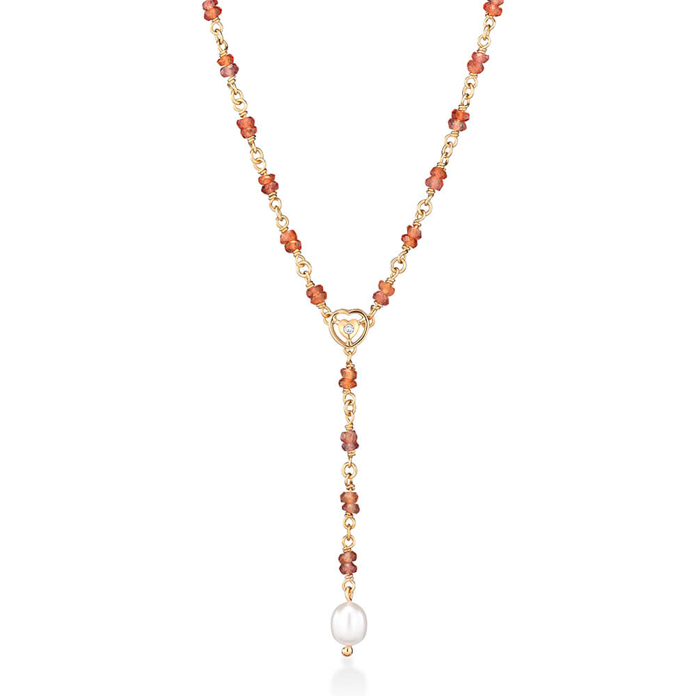 Colar Gravata Safira Laranja Coração e Pérola 18k