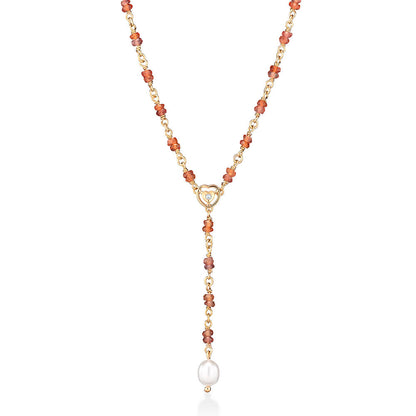 Colar Gravata Safira Laranja Coração e Pérola 18k