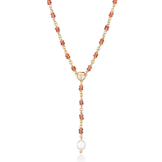 Colar Gravata Safira Laranja Coração e Pérola 18k