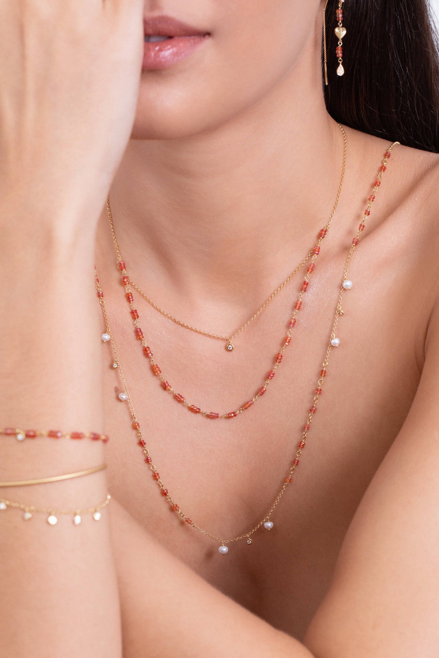 Colar Longo Safiras Laranjas e Pérolas 18k
