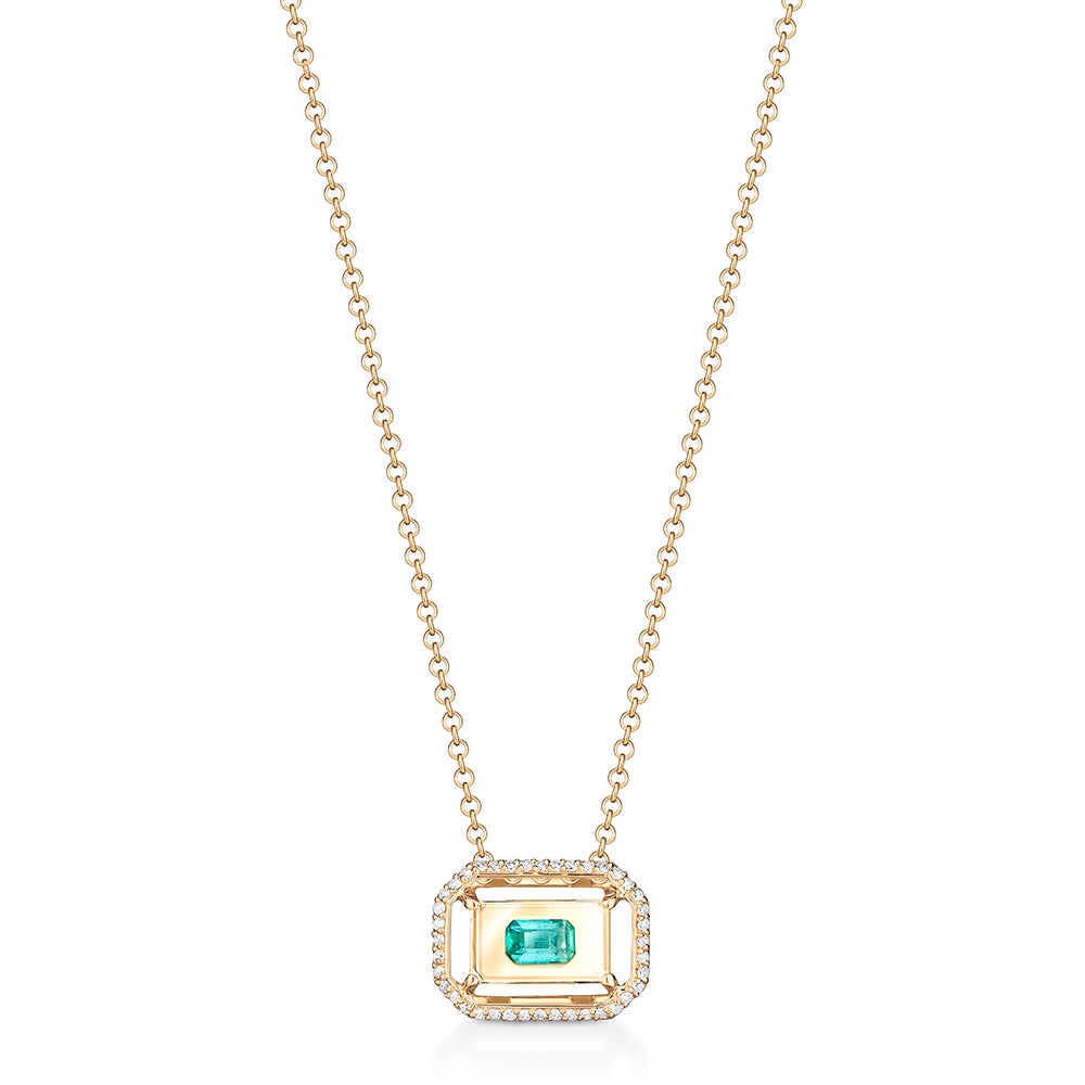 Colar Retangular Cristal com Esmeralda e Brilhantes 18k