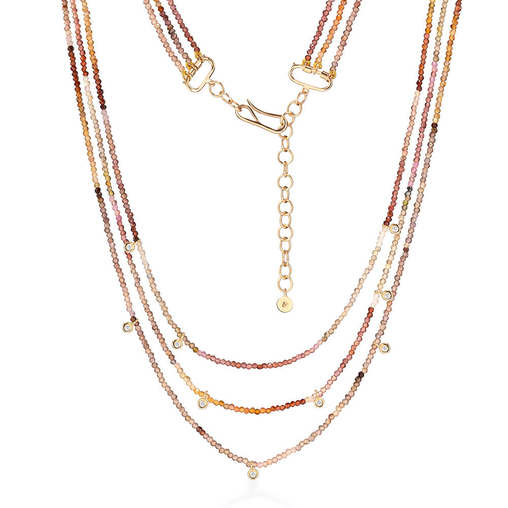 Colar Sunlit 3 Fios Safiras Terrosas e Brilhantes 18k