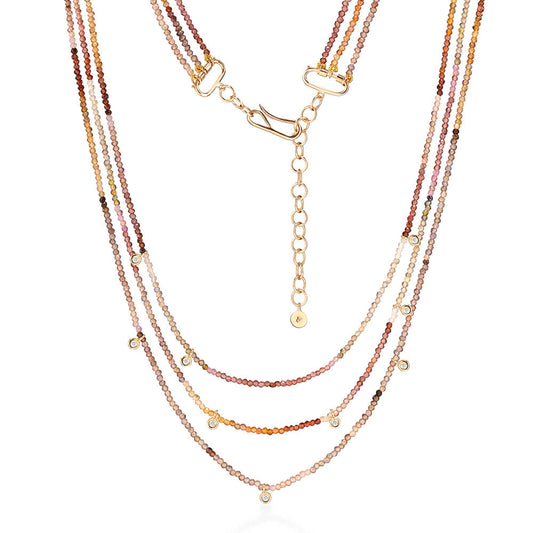Colar Sunlit 3 Fios Safiras Terrosas e Brilhantes 18k