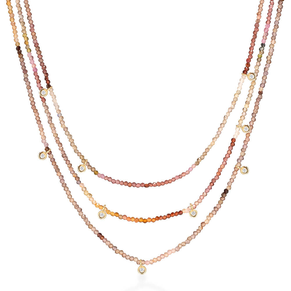 Colar Sunlit 3 Fios Safiras Terrosas e Brilhantes 18k