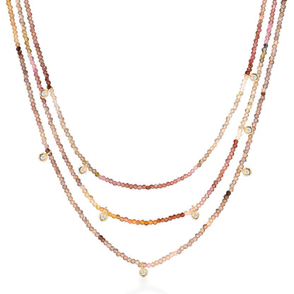 Colar Sunlit 3 Fios Safiras Terrosas e Brilhantes 18k