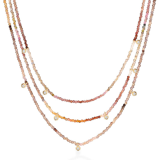 Colar Sunlit 3 Fios Safiras Terrosas e Brilhantes 18k